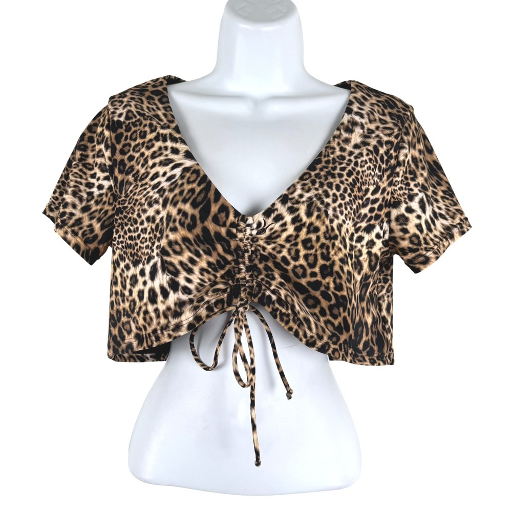 All Saints Bo‎ Kiku Bikini Swim Top Large Leopard Short Sleeve NWT SW-2026